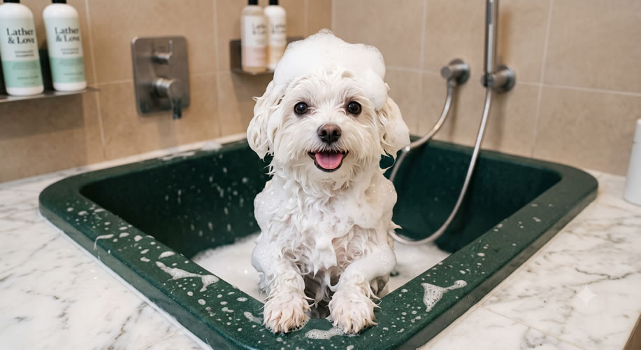 Cão sendo ensaboado com shampoo premium hipoalergênico